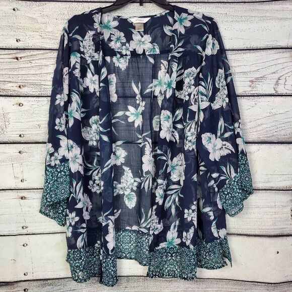 CJ Banks Women’s Plus 1X Floral Kimono Cardigan Sheer Navy Open Front - Picture 1 of 6